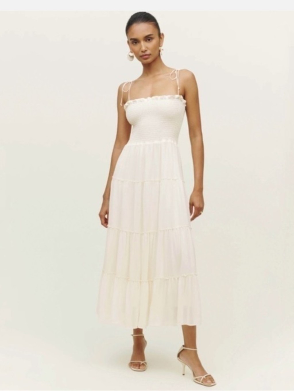 Reformation Ivory White Nira Smocked Bridal Tiered Tie Strap Midi Dress Size Xl